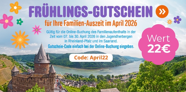 Frühlings-Gutschein für Ihre Familien-Auszeit im April. 22 € sparen bei der Online-Buchung.