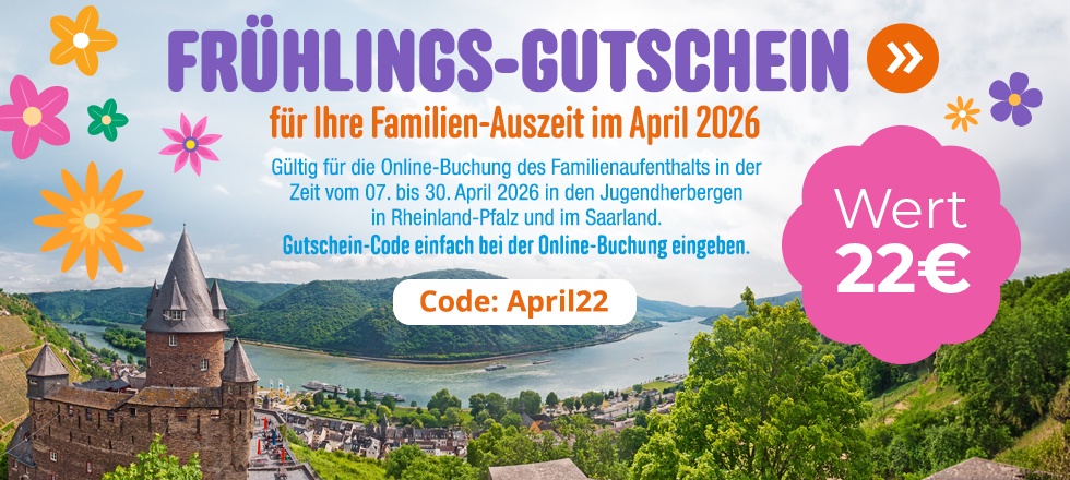 Frühlings-Gutschein für Ihre Familien-Auszeit im April. 22 € sparen bei der Online-Buchung.