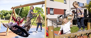 Kinder spielen auf dem Spielplatz der Jugendherberge Mainz