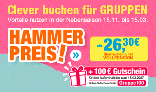Hammer Preis ab 26,30 € + 100 € Gutschein mit den Buchunbgscode: Gruppe100