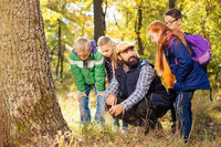 Ein Lehrer untersucht mit seiner Klasse Gegenstände im Wald